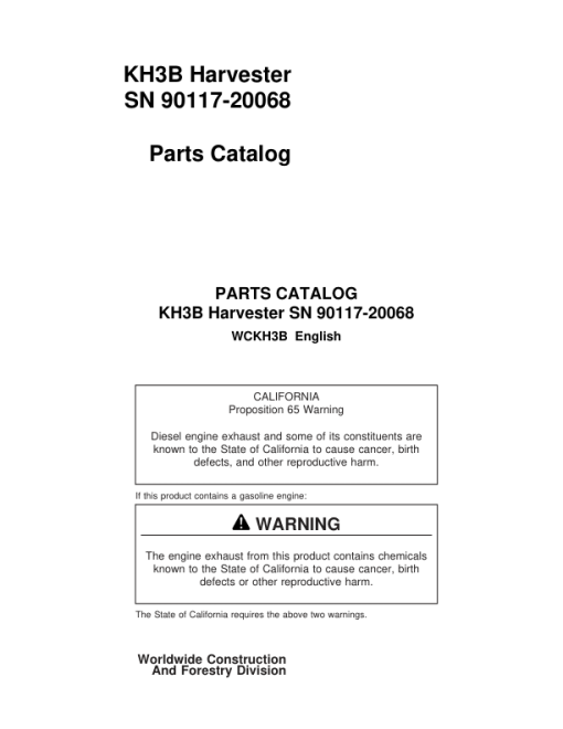 Koehring KH3B Harvester (SN 90117-20068) Parts Catalog Manual