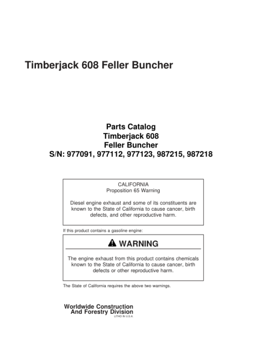 Timberjack 608 Tracked Feller Bunchers Parts Catalog Manual - WCSCR3001