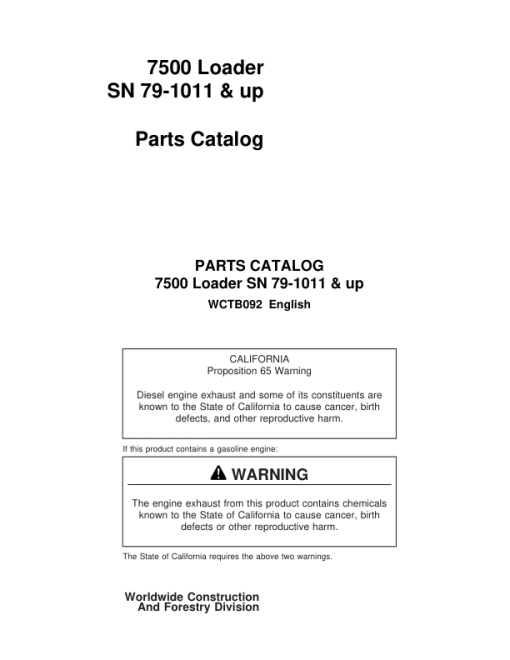 John Deere Eaton 7500 Loaders (SN 79-1011 & Up) Parts Catalog Manual