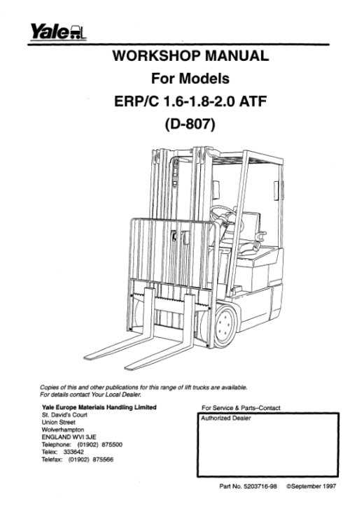 Yale ERC16ATF, ERC18ATF, ERC20ATF Forklift D807 Series Repair Manual