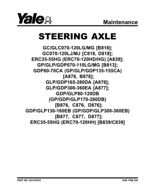 Yale GDP165DA, GLP165DA, GDP280DA, GLP280DA, GDP300EA, GLP300EA, GLP360EA, GDP360EA Forklift A877 Repair Manual