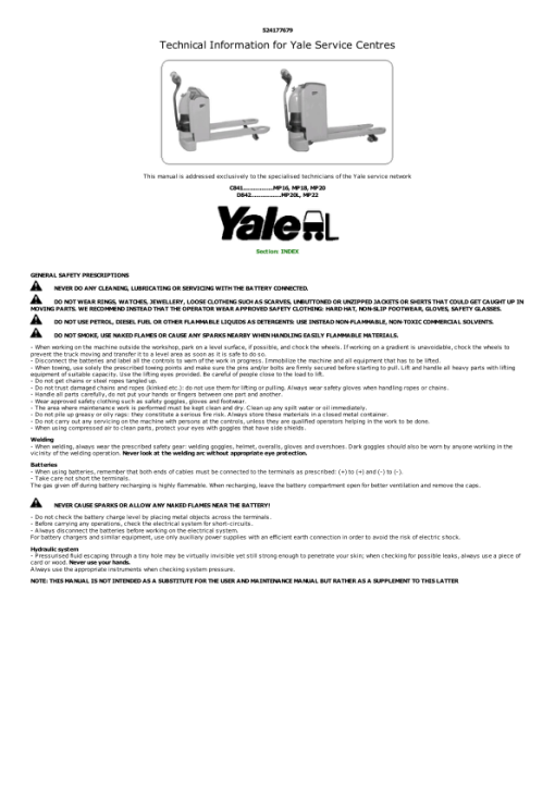 Yale MP13, MP16, MP18, MP20 Pallet Truck C841 Service Repair Manual