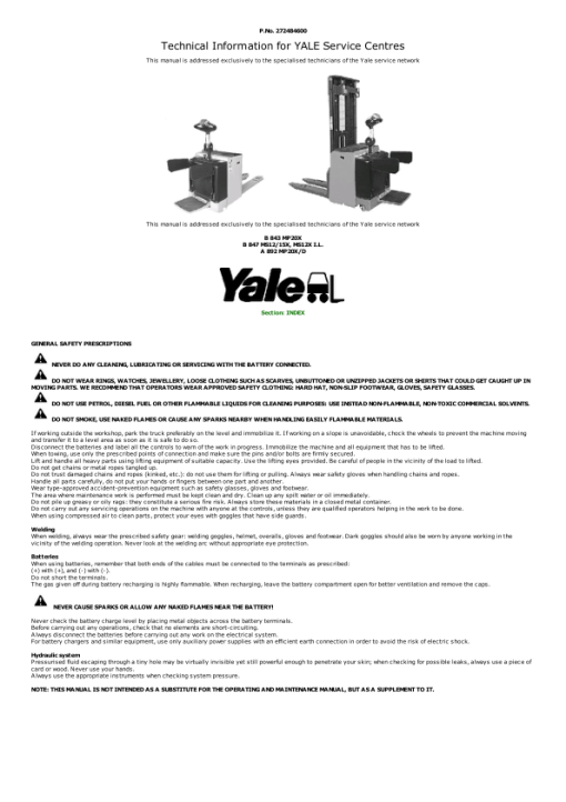 Yale MP20X Pallet Truck B843 Service Repair Manual