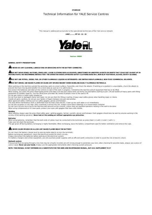 Yale MT10, MT12, MT15 Forklift A867 Service Repair Manual