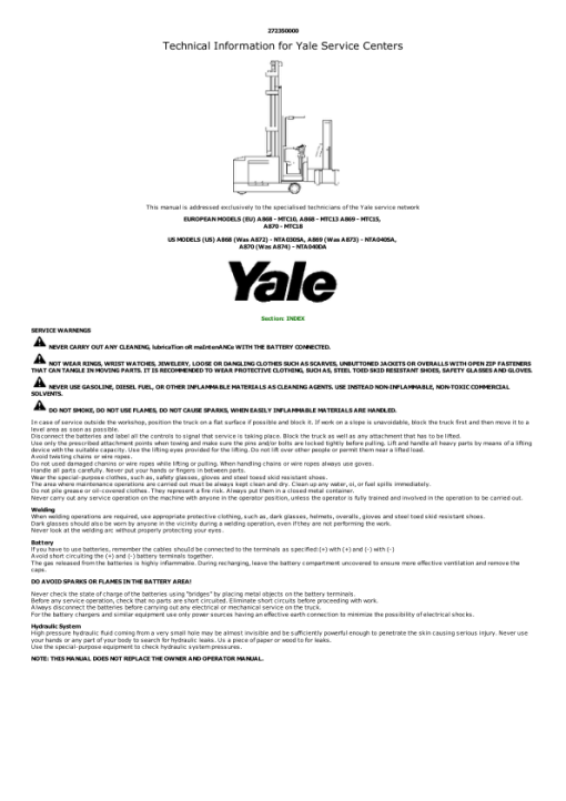 Yale MTC15 Forklift A869 Service Repair Manual