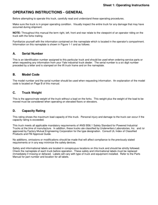 Yale NR035AC, NR035BC, NR040AC, NR045AC, NR045BC Forklift B829 Service Repair Manual