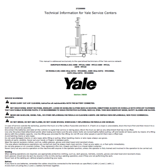 Yale NTA030SA Forklift A872 Service Repair Manual