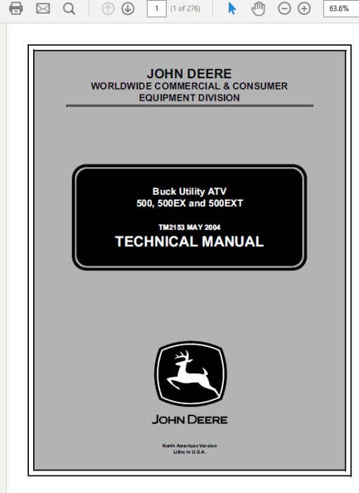 John Deere ATV 500, ATV 500EX, ATV 500EXT Buck Utility Technical Manual