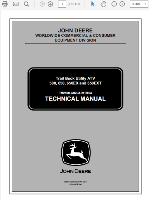 John Deere ATV 500, ATV 650, ATV 650EX, ATV 650EXT Trail Buck Utility Technical Manual